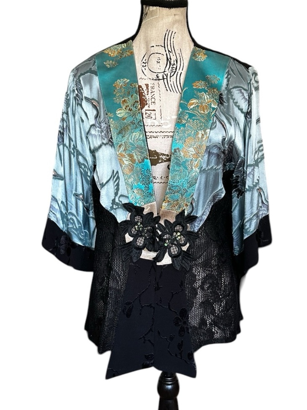 Vtg 90s Spencer Alexis Silk Blend Kimono Style Cropped Top S Floral Cranes FLAWS - Picture 13 of 17